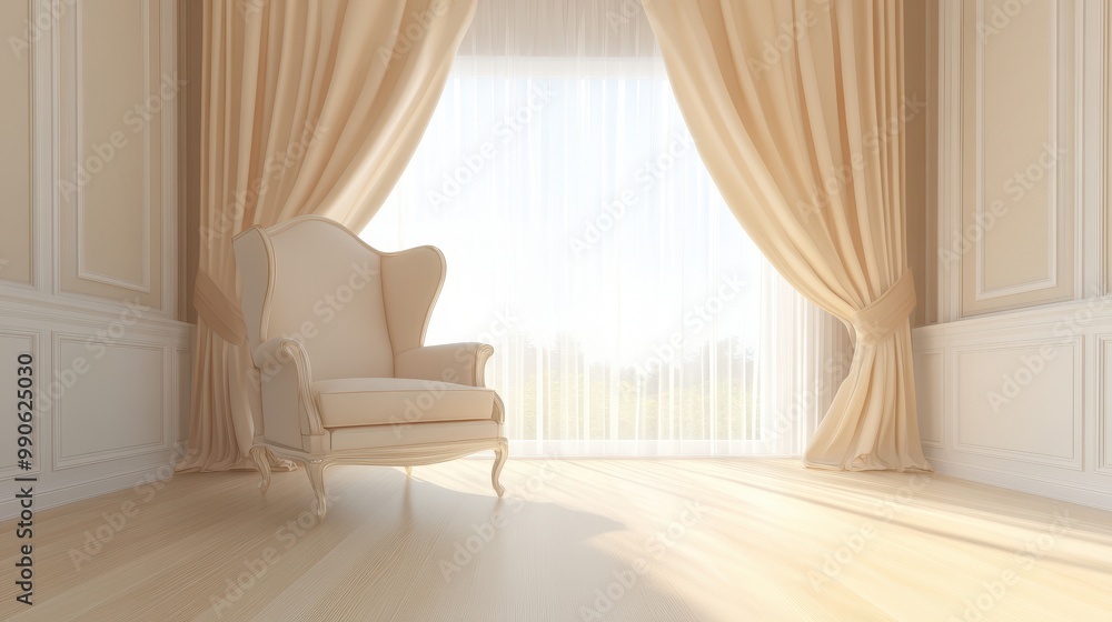 A chair is sitting in front of a window with curtains drawn