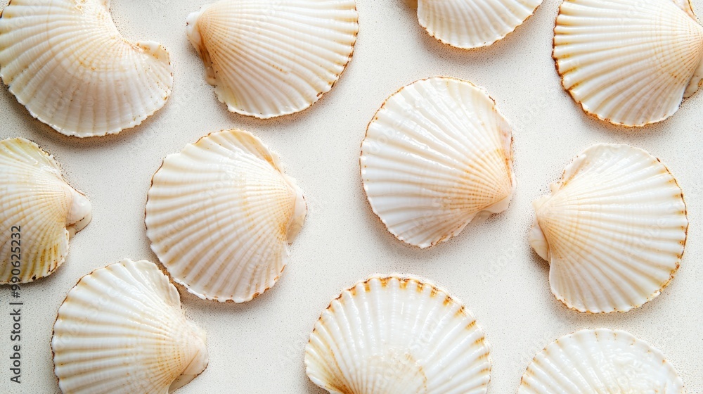 Fresh scallops laid out on a clean, minimalist surface highlighting their delicate texture and natural colors Fresh scallops laid out on a clean, minimalist surface highlighting their delicate texture and natural colors