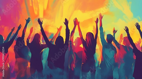 2. **Illustrate a dynamic scene of young people in silhouette, raising their hands in worship at a concert. Use bold, flowing lines and a gradient background to convey energy and enthusiasm in their