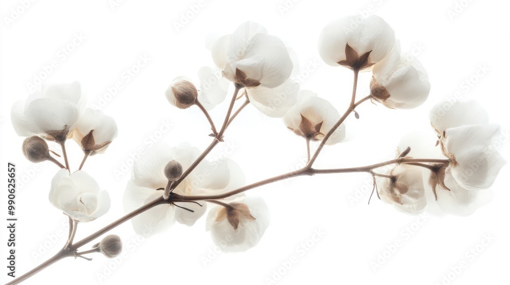 White Flowers on a Branch Against a White Background. White Flowers on a Branch Against a White Background.