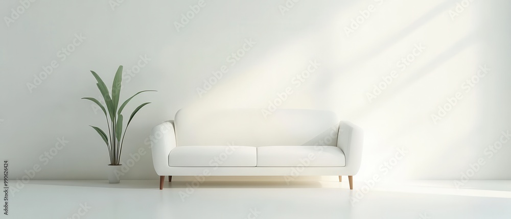 A white couch sits in front of a potted plant A white couch sits in front of a potted plant