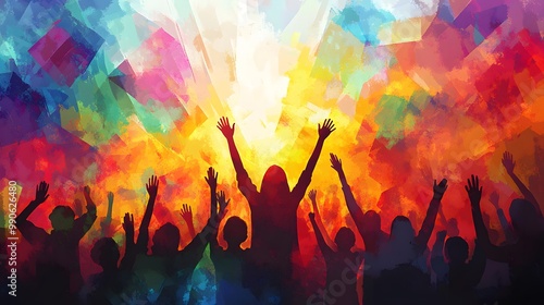 3. **Depict a group of young worshippers in silhouette, with hands raised high in praise. Surround them with abstract shapes and colors that represent a vibrant worship atmosphere, emphasizing their