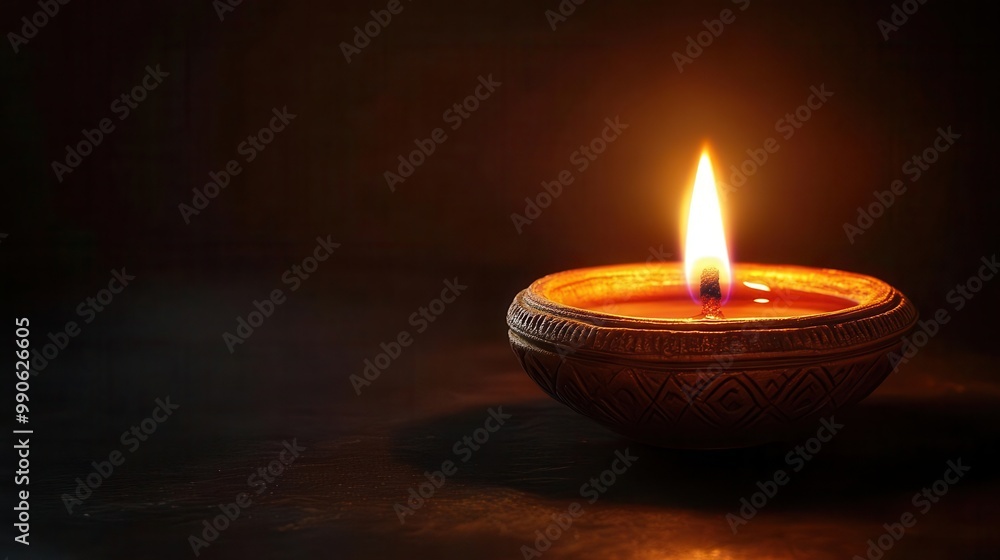 A glowing candle flame illuminates a traditional oil lamp, casting a warm and serene ambiance in a dark background. A glowing candle flame illuminates a traditional oil lamp, casting a warm and serene ambiance in a dark background.