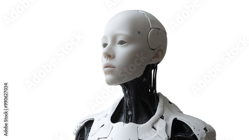 Close-Up Portrait of a Humanoid Robot isolated on transparent background. A Mystifying Glimpse into the Future of AI