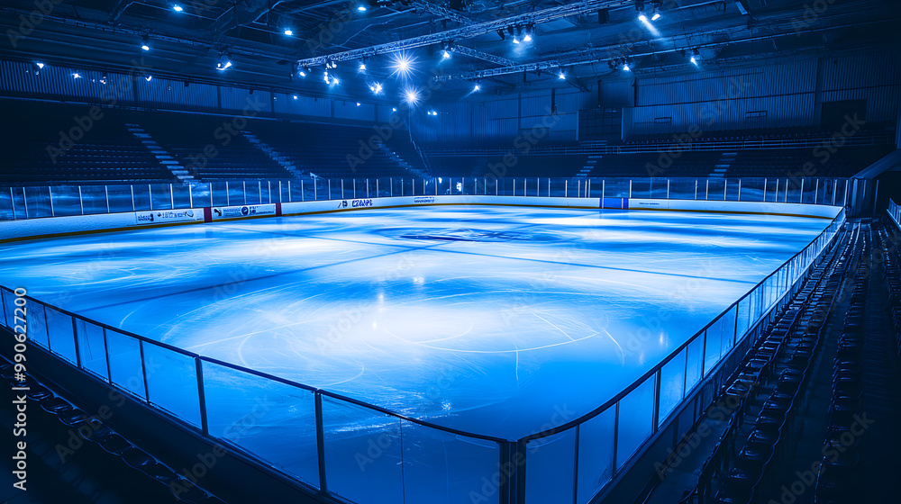 Fototapeta premium Imagine 3dIlluminated hockey ice rink in a large arena ready at nighttime 