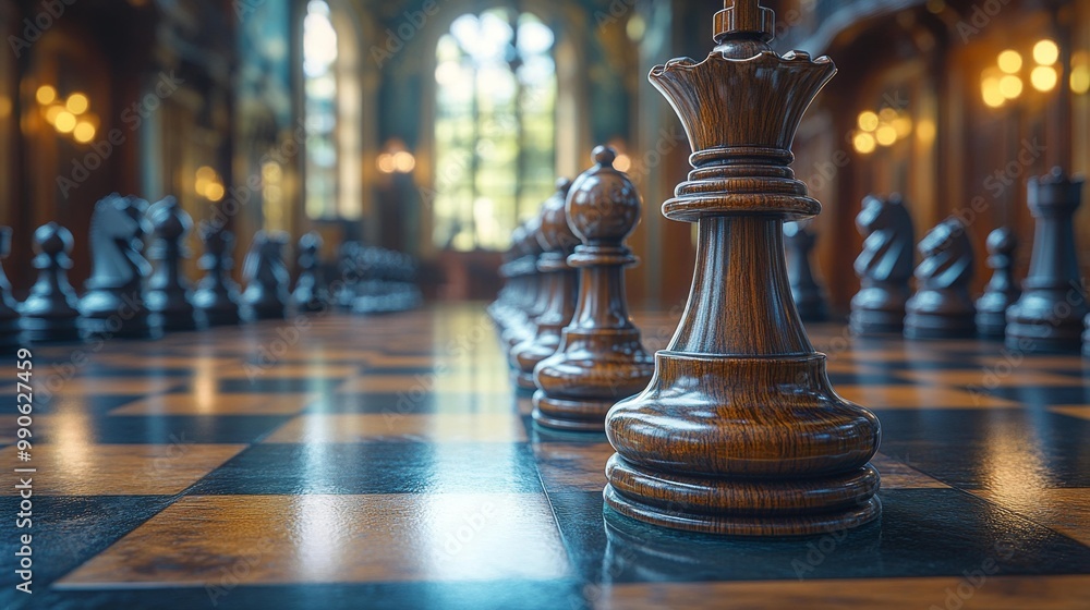 Chessboard in Luxurious Hall with Focus on Wooden King Piece Generative AI Chessboard in Luxurious Hall with Focus on Wooden King Piece Generative AI