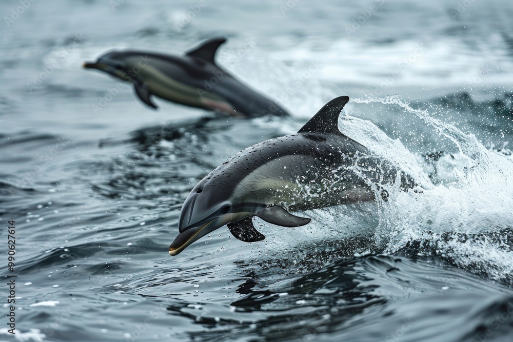 Fototapeta premium Playful Dolphins Leaping Through Ocean Waves at Sunset