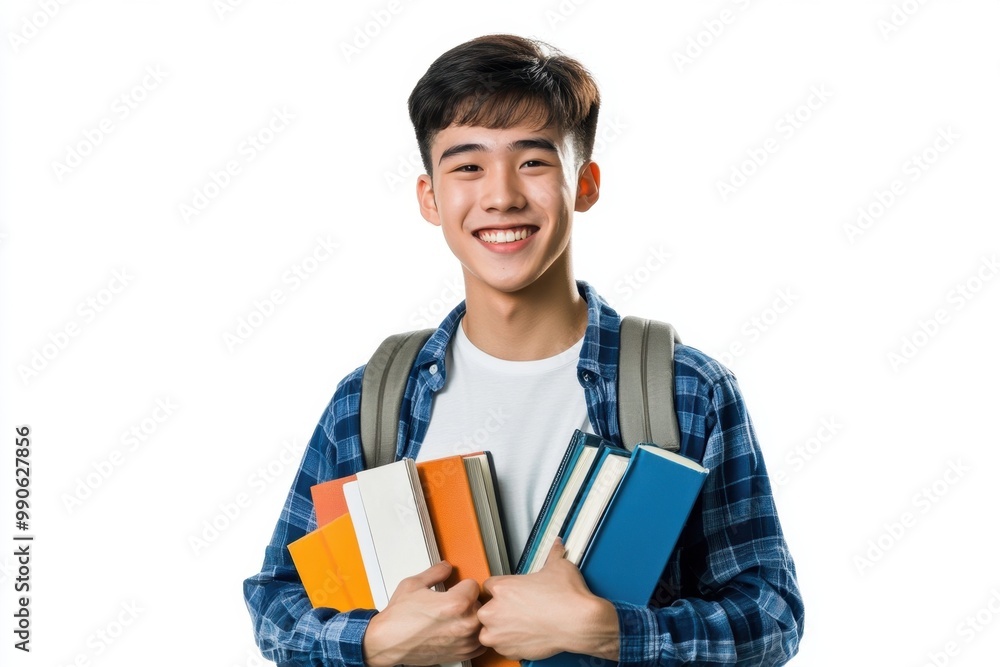 a young Asian student smiles at the camera while hugging books and carrying a backpack. His expression reflects confidence and excitement, capturing the essence of academic life and student enthusiasm a young Asian student smiles at the camera while hugging books and carrying a backpack. His expression reflects confidence and excitement, capturing the essence of academic life and student enthusiasm