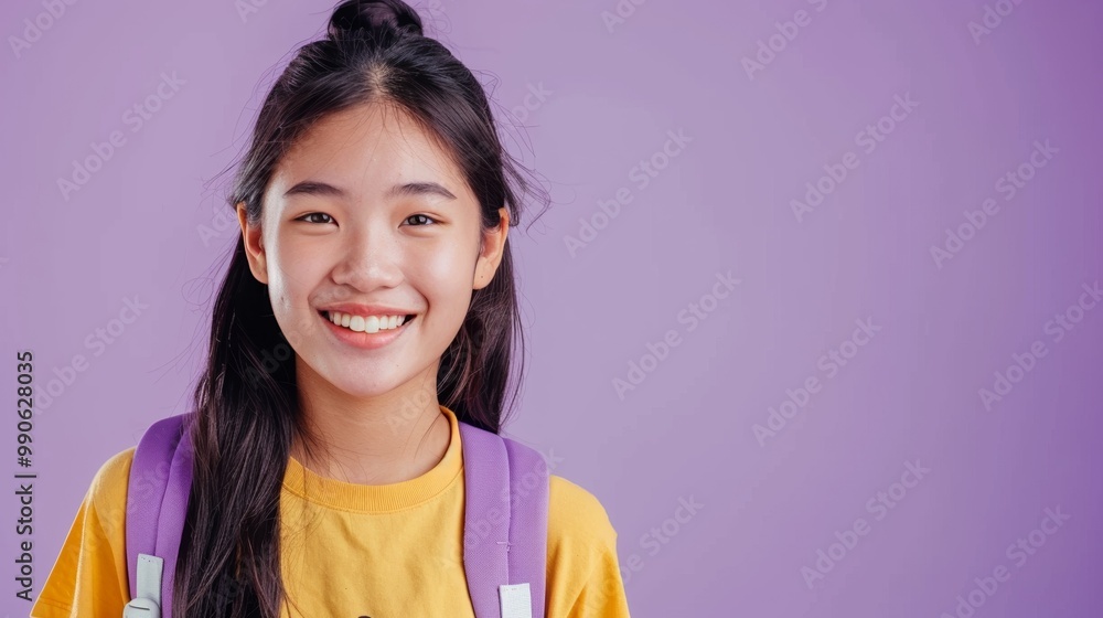Teen pupil smiling in a studio portrait with a light purple background. Teen pupil smiling in a studio portrait with a light purple background.