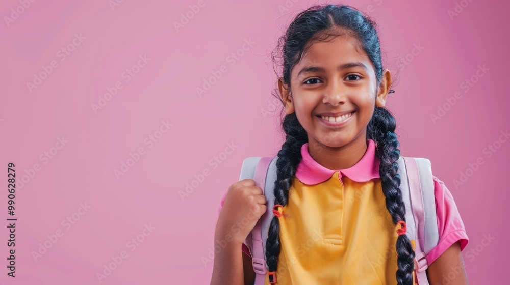 Studio shot of a happy young teen, light purple setting, ready for school. Studio shot of a happy young teen, light purple setting, ready for school.
