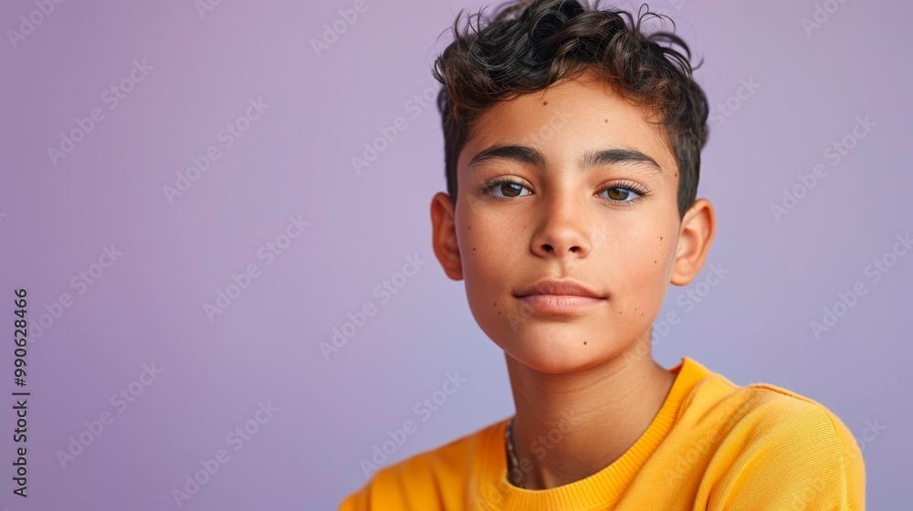 Studio portrait of a smiling pupil, soft purple backdrop, back-to-school mood. Studio portrait of a smiling pupil, soft purple backdrop, back-to-school mood.