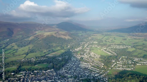 Beautiful aerial view of the Keswick, Derwentwater, Lake District National Park of England, autumn sunny day photo