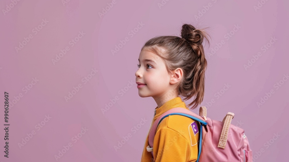 Bright and happy pupil posing with a big smile, set in a light purple studio for back-to-school. Bright and happy pupil posing with a big smile, set in a light purple studio for back-to-school.