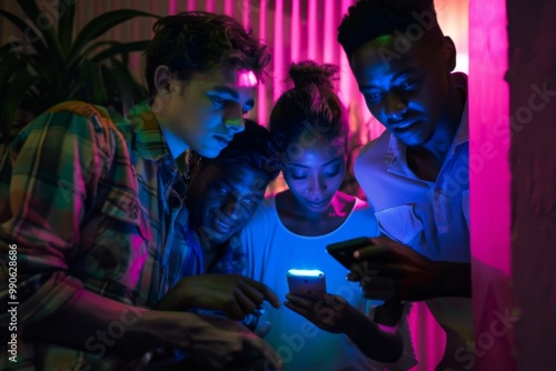 A group of friends huddles closely, engrossed in a mobile game. The colorful lights create a lively atmosphere, showcasing their excitement and camaraderie.