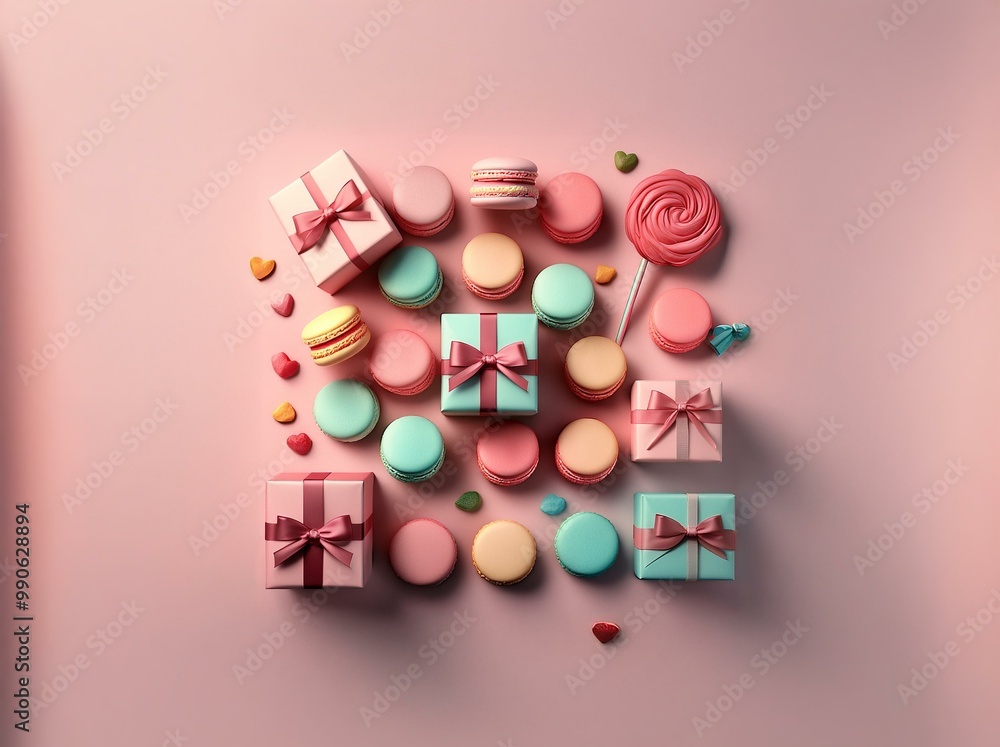 Gifts, sweets, and macarons arranged on a pink background. Gifts, sweets, and macarons arranged on a pink background.