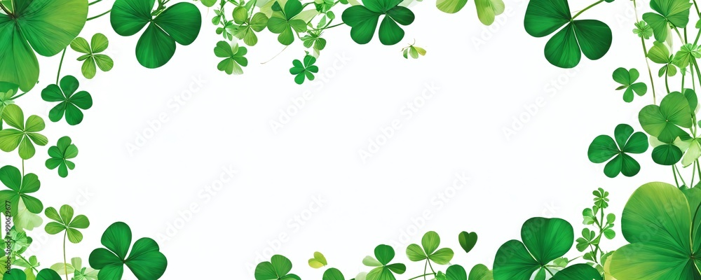 Vivid green clovers creating a decorative border on a blank white background for spring celebrations and festive occasions Vivid green clovers creating a decorative border on a blank white background for spring celebrations and festive occasions