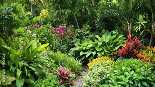  Serene Lush Botanical Garden with Diverse Green Foliage and Blooming Flowers, Natural and Tranquil Setting