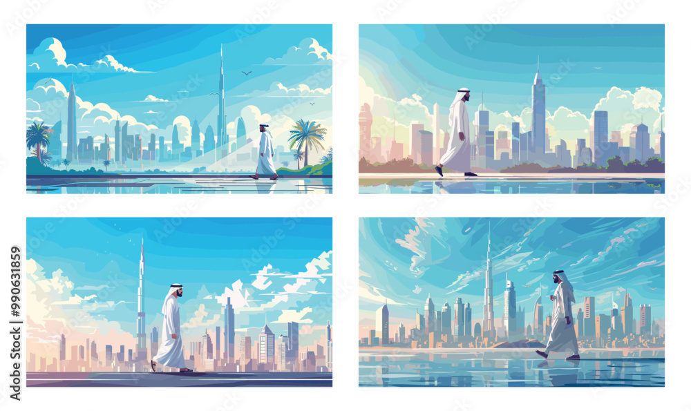 Obraz premium Walking arab man cartoon vector concepts. Muslim character in Kandura coat white cloak beard high towers skyscrapers buildings megapolis cityscape, business travel tourism panoramic scenes