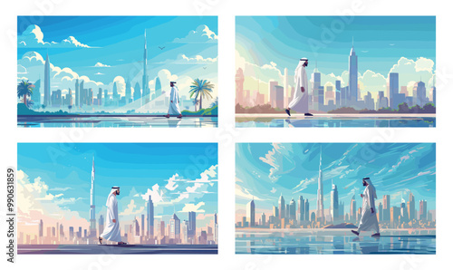 Walking arab man cartoon vector concepts. Muslim character in Kandura coat white cloak beard high towers skyscrapers buildings megapolis cityscape, business travel tourism panoramic scenes
