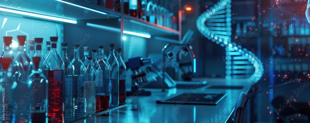 Advanced biotech lab with a glowing human DNA hologram, Sci-fi realism, Soft white lighting, Blue and red accents Advanced biotech lab with a glowing human DNA hologram, Sci-fi realism, Soft white lighting, Blue and red accents
