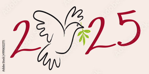 Line illustration of a dove with an olive branch, to wish a year 2025 under the utopian sign of peace in the world.