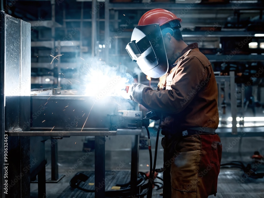 A welder works diligently in a factory, creating metal parts while sparks fly in the evening glow of the workshop A welder works diligently in a factory, creating metal parts while sparks fly in the evening glow of the workshop
