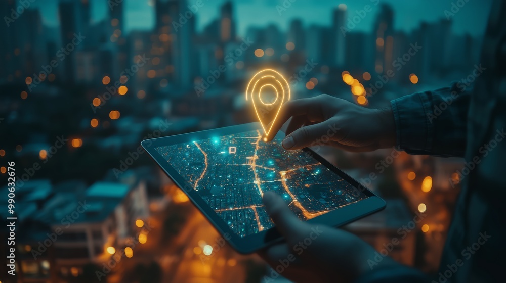 User holds tablet displaying a map with location pin above city skyline during twilight hours User holds tablet displaying a map with location pin above city skyline during twilight hours