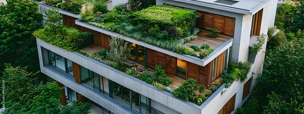 A modern home with plenty of greenery, featuring wooden and concrete details, and a balcony overlooking the garden A modern home with plenty of greenery, featuring wooden and concrete details, and a balcony overlooking the garden