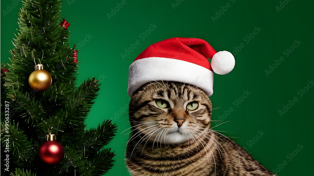 Cat in Santa hat on green background with Christmas tree. Christmas and New Year celebration. Winter holiday concept. Greeting card or banner with space for text. Holiday theme for pet store. Cat in Santa hat on green background with Christmas tree. Christmas and New Year celebration. Winter holiday concept. Greeting card or banner with space for text. Holiday theme for pet store.