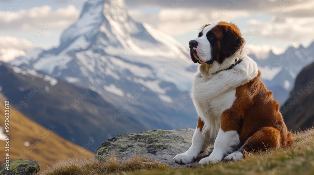 A large brown and white dog is comfortably sitting on top of a majestic mountain, enjoying the stunning views all around A large brown and white dog is comfortably sitting on top of a majestic mountain, enjoying the stunning views all around