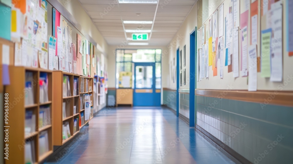 A school hallway lined with lockers and colorful bulletin boards. A school hallway lined with lockers and colorful bulletin boards.