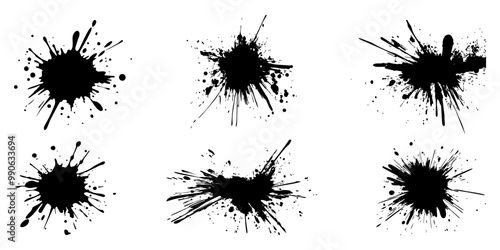 set of simple pictogram representing the concept of explosion, with an ink splash or splatter effect in black on white background.