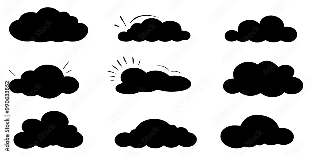 set of black silhouette of an abstract cloud, white background set of black silhouette of an abstract cloud, white background