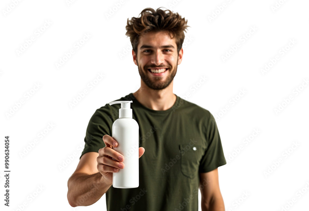 Happy man presenting a white bottle against a white transparent background Happy man presenting a white bottle against a white transparent background
