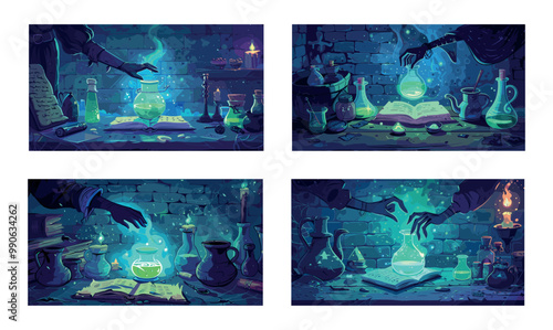 Witch hands conjure cartoon vector concepts. Wrist fingers spell book shard flask poison bottle glowing potion magic dark interior dungeon shelter wizard ritual illustrations