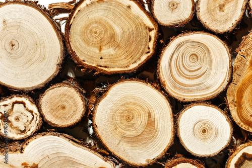 Round Slices of timber wood with juniper tree rings as natural geometric pattern, abstract nature background. Natural wooden organic textures and shapes, monochrome brown gradient color, earthy color