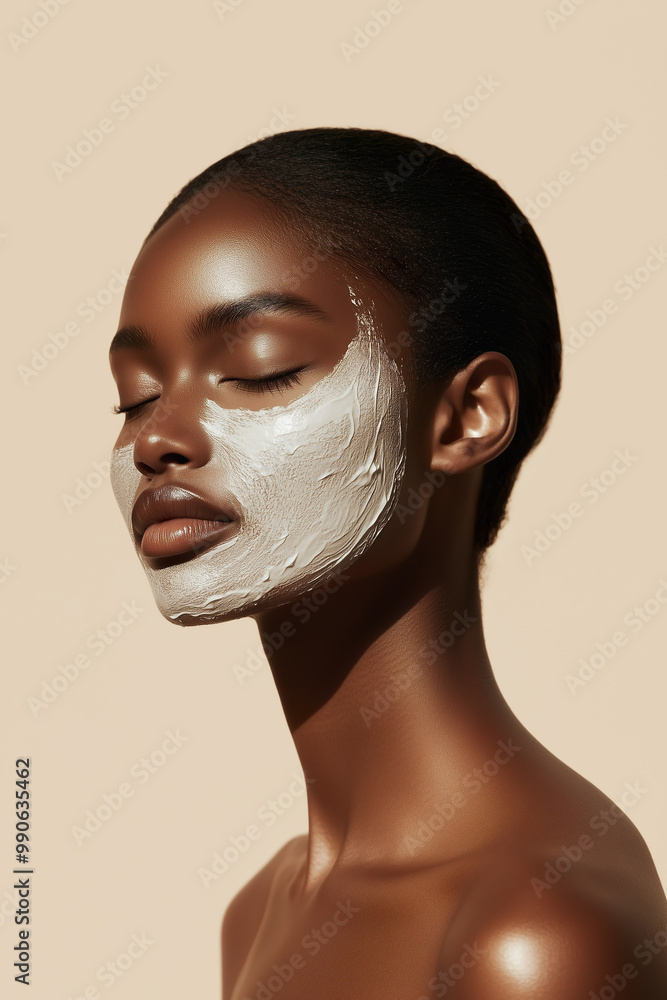 Radiant young African woman enjoying a refreshing clay mask beauty treatment in a calm studio setting. Radiant young African woman enjoying a refreshing clay mask beauty treatment in a calm studio setting.
