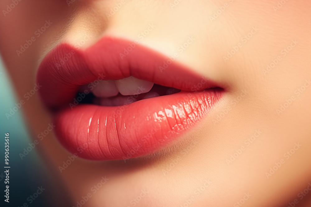 Elegant close-up of shiny, pink lips with soft femininity and fresh makeup. Elegant close-up of shiny, pink lips with soft femininity and fresh makeup.