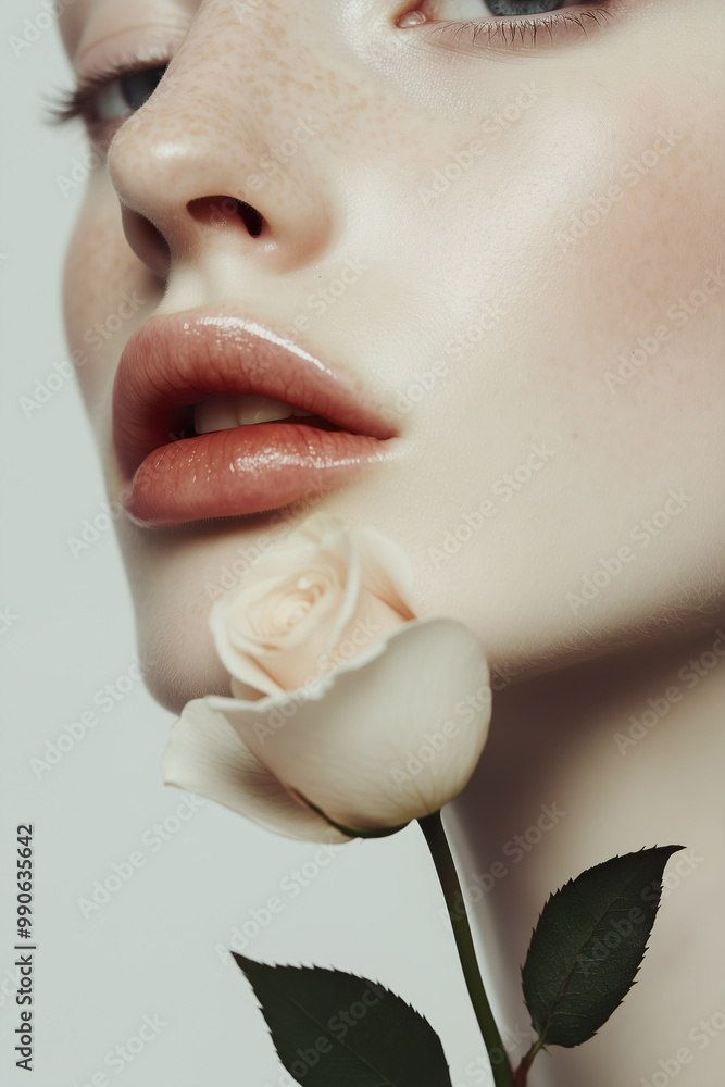 Graceful woman holding a white rose, her neutral-toned makeup highlighting her natural beauty.