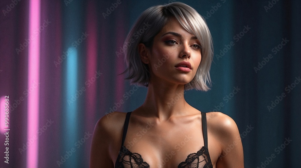 A Confident Woman with a Short Silver Bob Hairstyle Posing in Black Bra Lingerie A Confident Woman with a Short Silver Bob Hairstyle Posing in Black Bra Lingerie