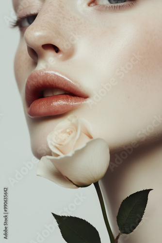 Obraz na płótnie Graceful woman holding a white rose, her neutral-toned makeup highlighting her natural beauty. w salonie