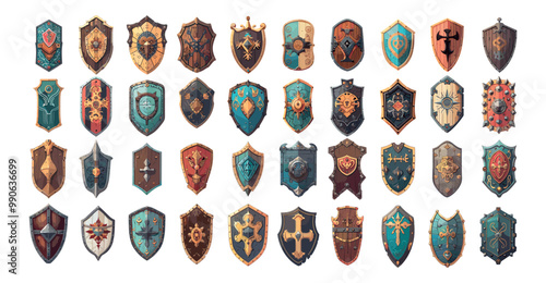 Wood shields cartoon vector set. Medieval protect defensive weapon frames wings horn thorn fencing arms stuff warfare equipment, illustrations isolated on white background