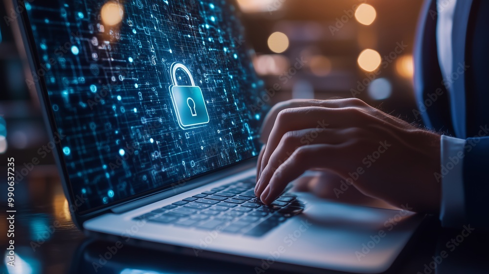 A business professional secures sensitive data on a laptop by entering information at a modern workspace during evening hours A business professional secures sensitive data on a laptop by entering information at a modern workspace during evening hours