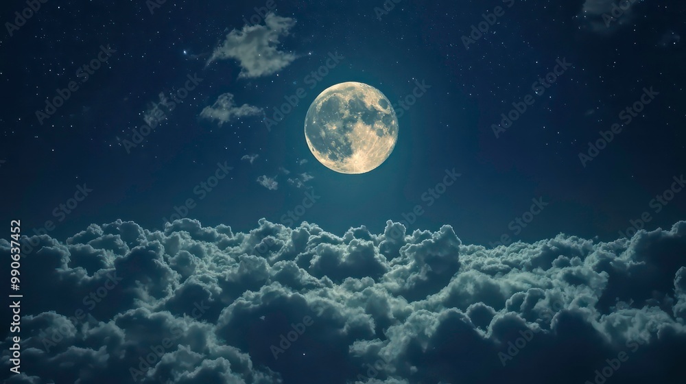 A full moon shines brightly in a dark night sky above a sea of fluffy clouds. A full moon shines brightly in a dark night sky above a sea of fluffy clouds.