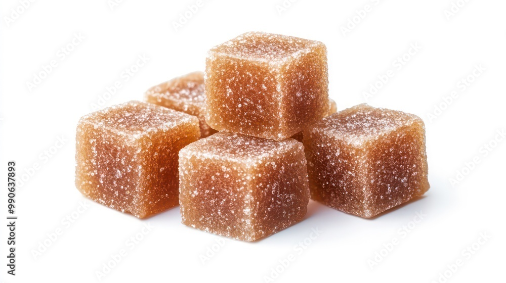 Four brown jelly cubes with a slightly rough texture are arranged in a pyramid shape on a white background. Four brown jelly cubes with a slightly rough texture are arranged in a pyramid shape on a white background.