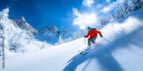 Skier skiing downhill in snowy mountains