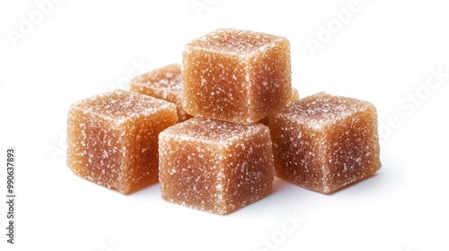 Four brown jelly cubes with a slightly rough texture are arranged in a pyramid shape on a white background.