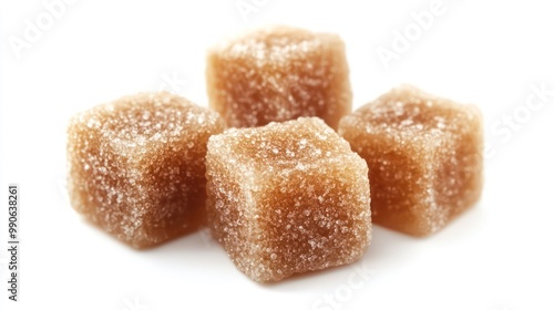 Close-up of four light brown, square shaped, sugary candies on a white background.