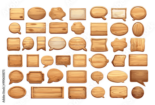Wooden speech bubbles cartoon vector set. Square rectangular round signs frames empty message comics communication speak chat announcement symbols illustrations isolated on white background
