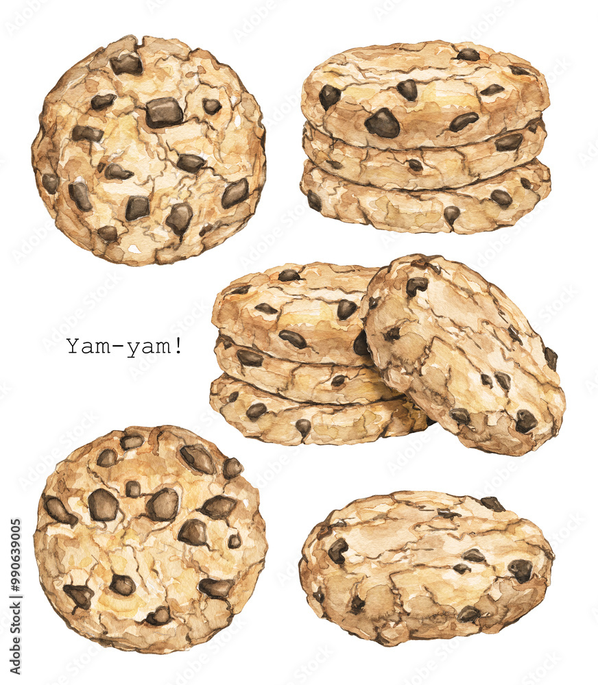 Set with home made round chocolate chip cookies isolated on white background. Watercolor hand drawn illustration.. Set with home made round chocolate chip cookies isolated on white background. Watercolor hand drawn illustration..